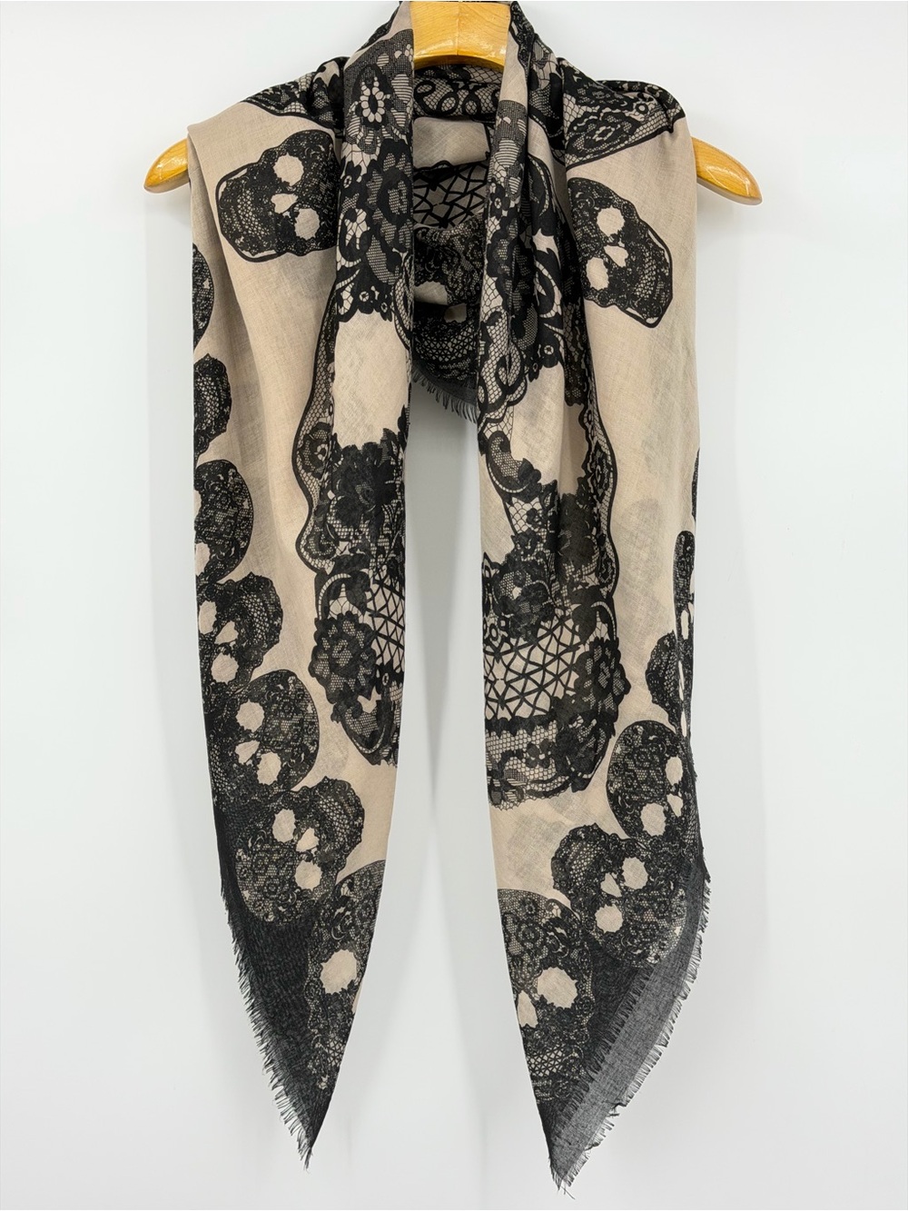 Black Beige Lace Skull Print Oversized Square Scarf Gothic - Picture 3 of 7